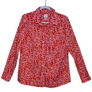 Gap Cotton Button Down Shirt Pink Red Medium Fitted Boyfriend Print Long Sleeve‎